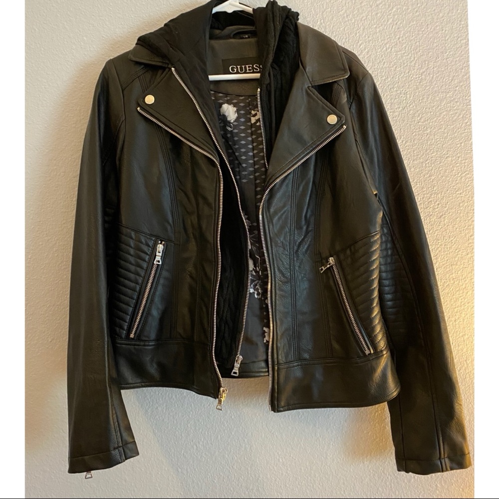 Guess Faux leather jacket w/ removable hood!